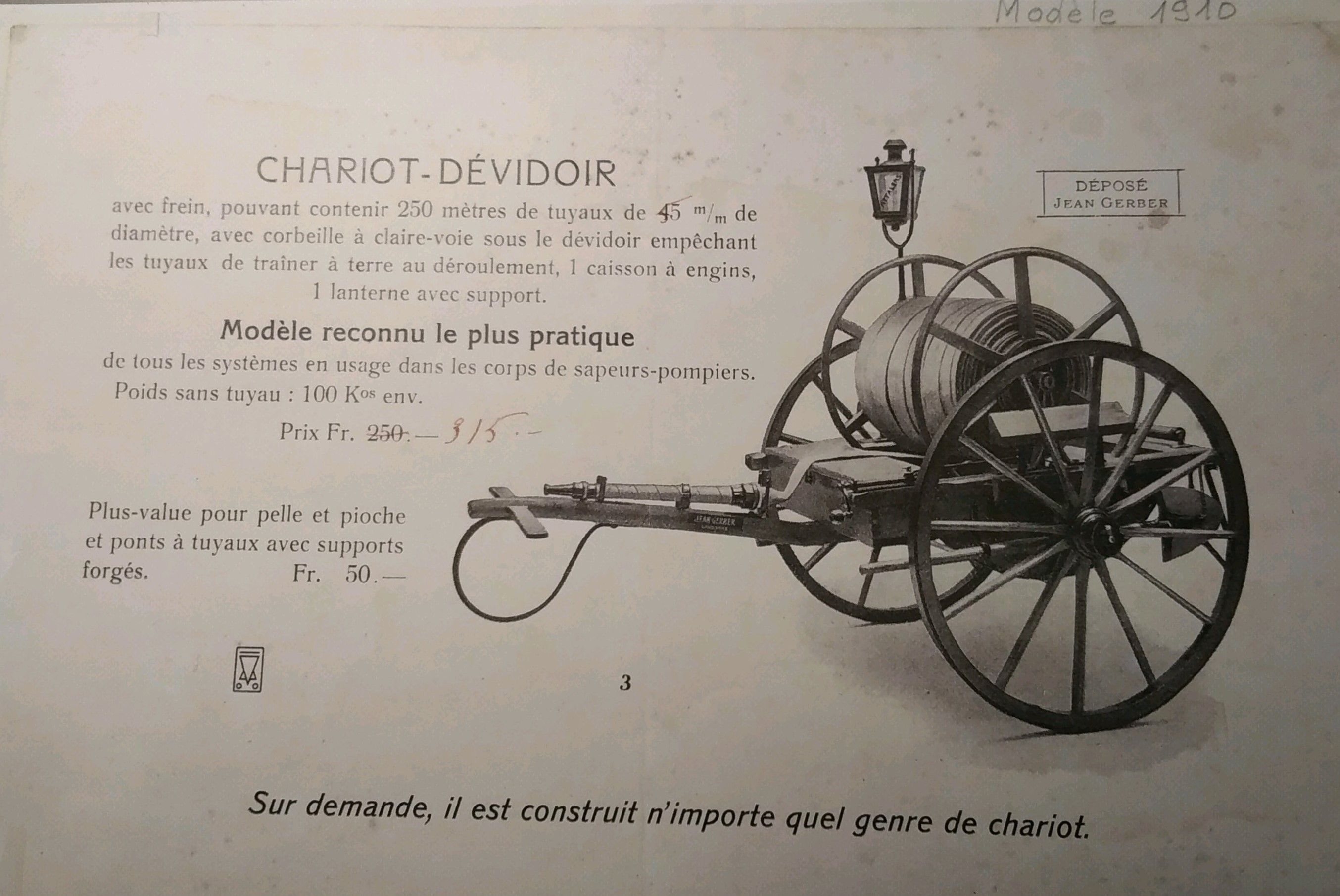 publicité pour un chariot dévidoir en 1910